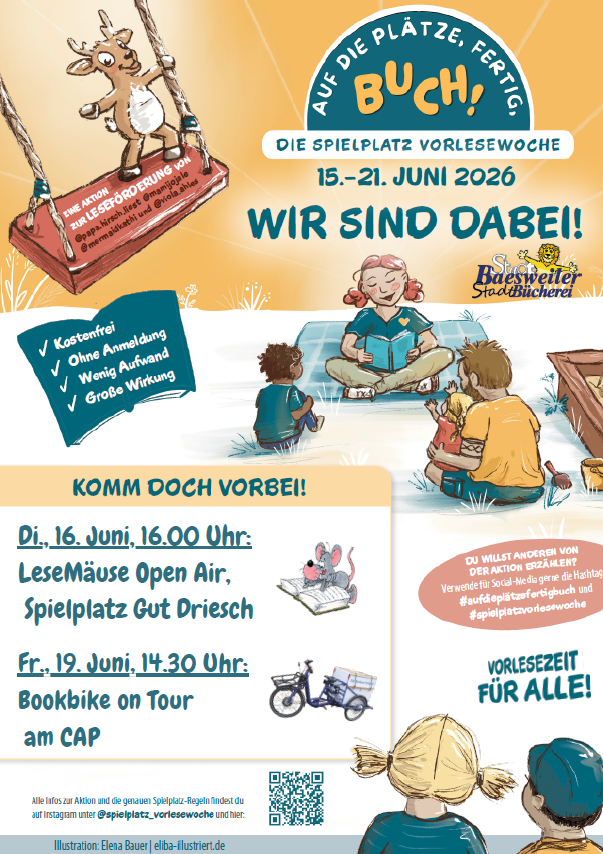 Book-Bike on Tour am 16. Juni (Spielplatz Gut Driesch) - 16.00 Uhr, und 19. Juni am CAP - 14.30 Uhr.